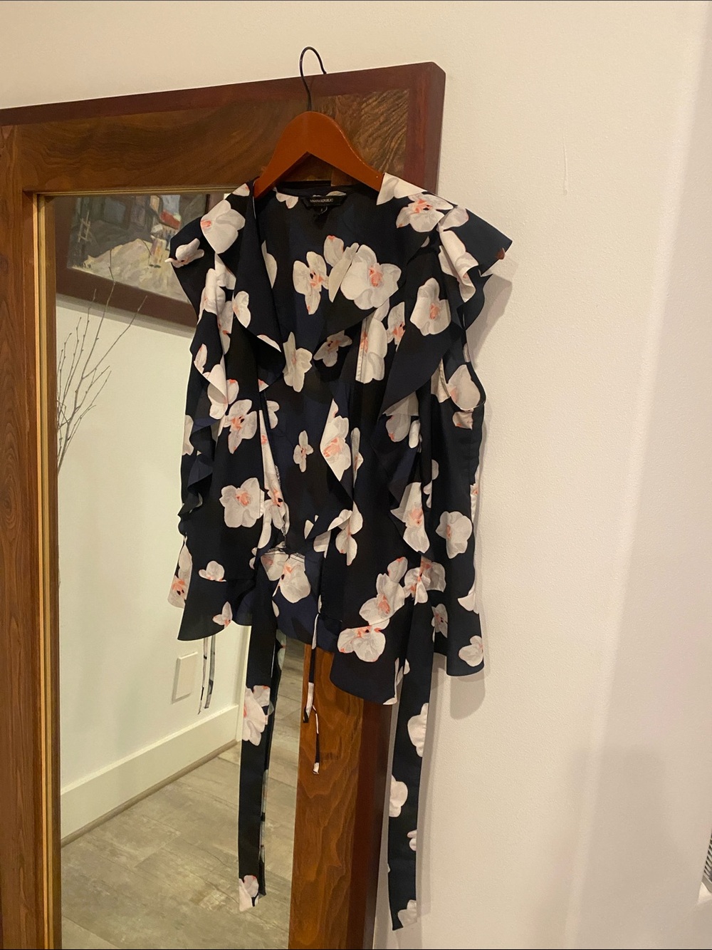 Banana Republic Navy Floral Wrap Blouse with Ruffle Trim